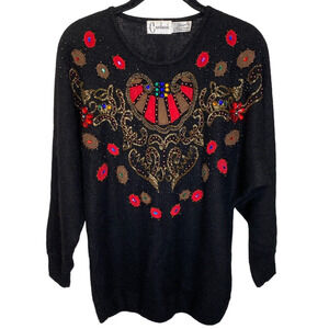 Carducci Black Multi Silk Angora Blend Rhinestone Sequin Sweater Sz L Vintage 80